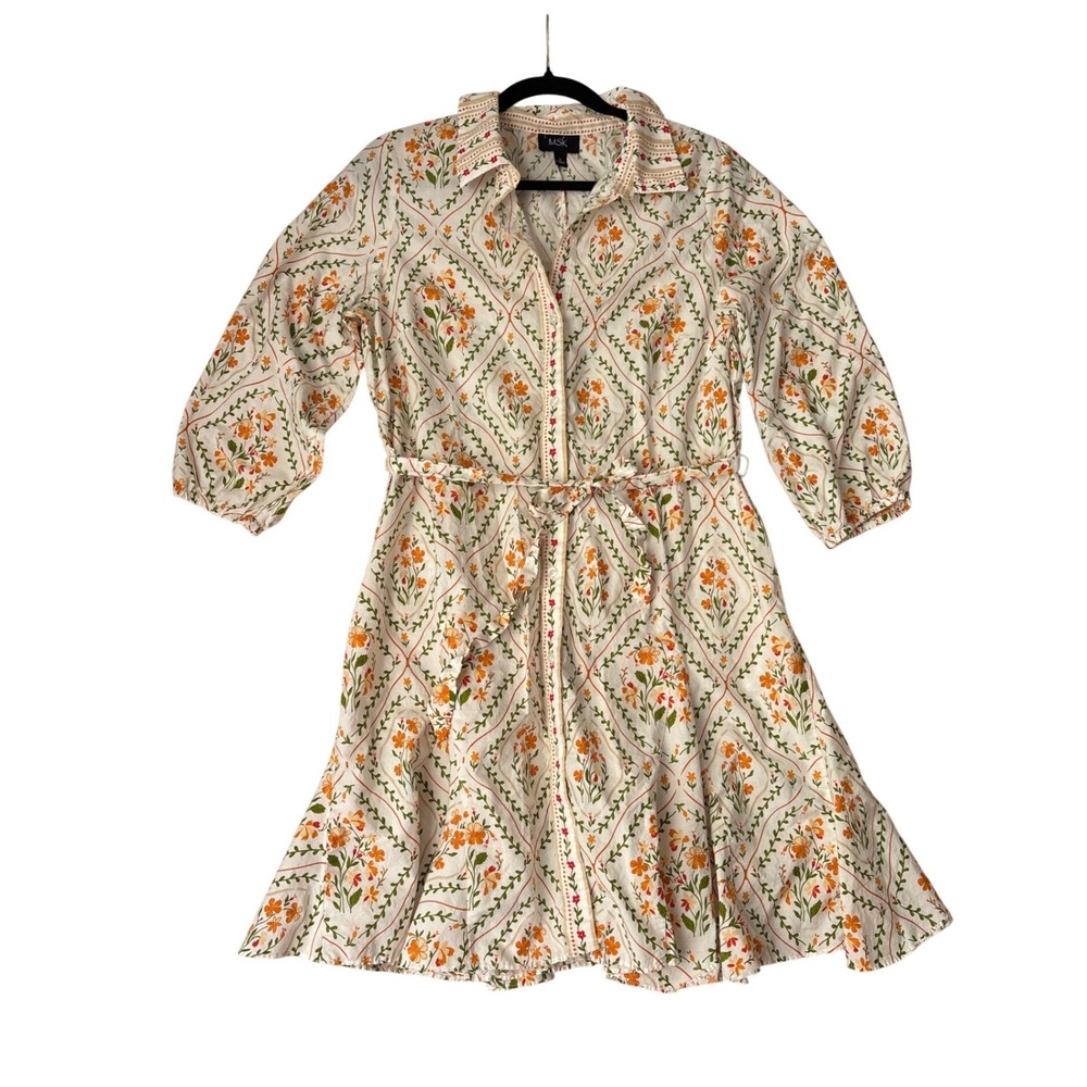 MSK Shirt Dress Women White Orange Floral Boho Cotton Tie Waist SIZE Large